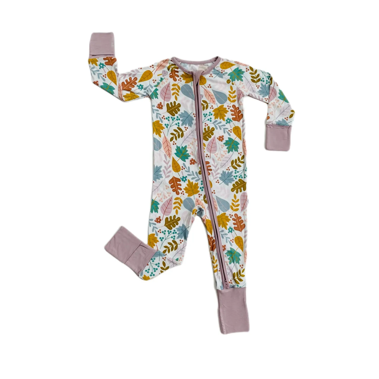 Little Sleepies Dusty Mauve Fall Leaves Convertible Romper/Sleeper