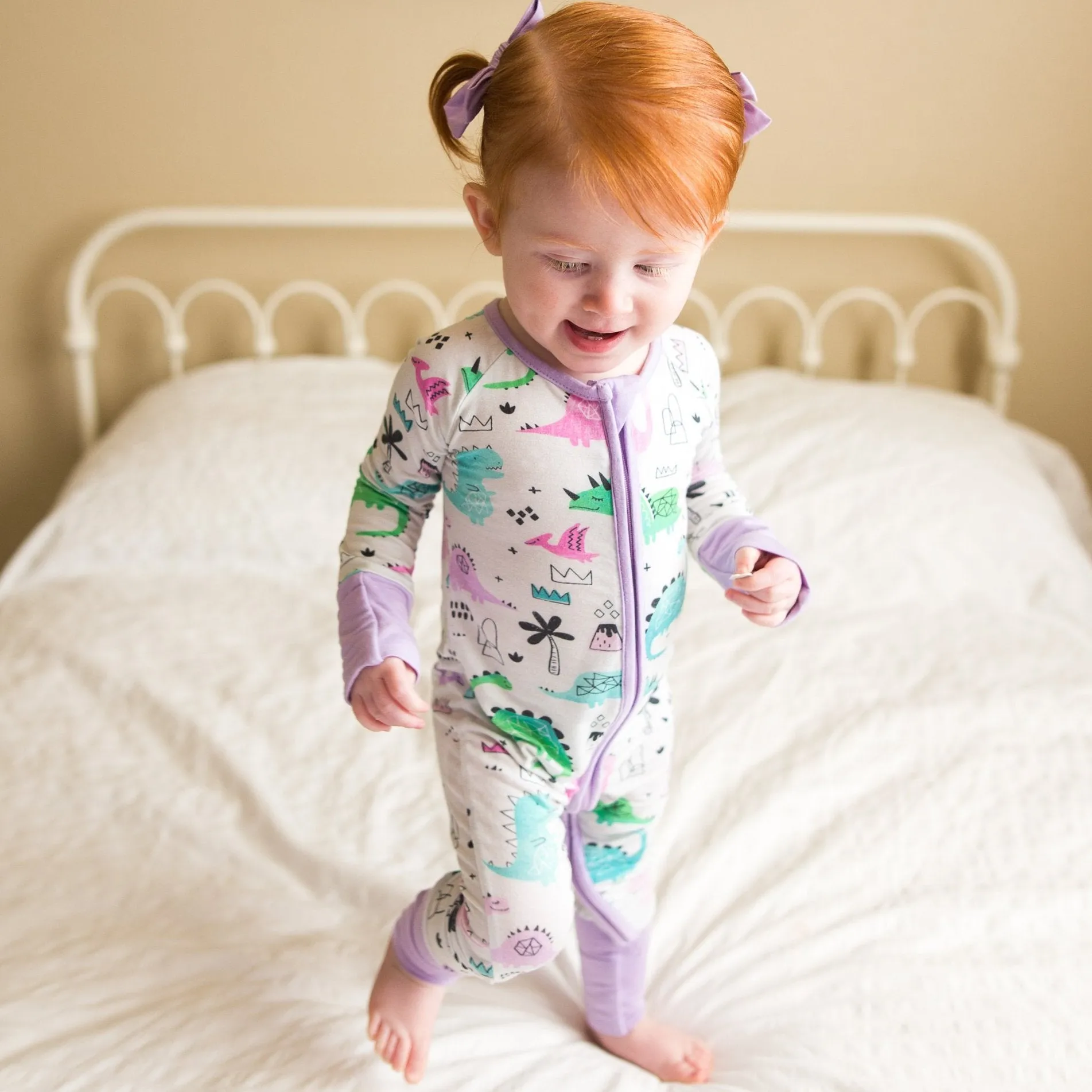 Little Sleepies Pink/Purple Dinosaurs Convertible Romper/Sleeper