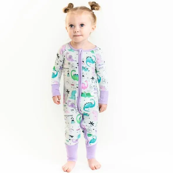 Little Sleepies Pink/Purple Dinosaurs Convertible Romper/Sleeper