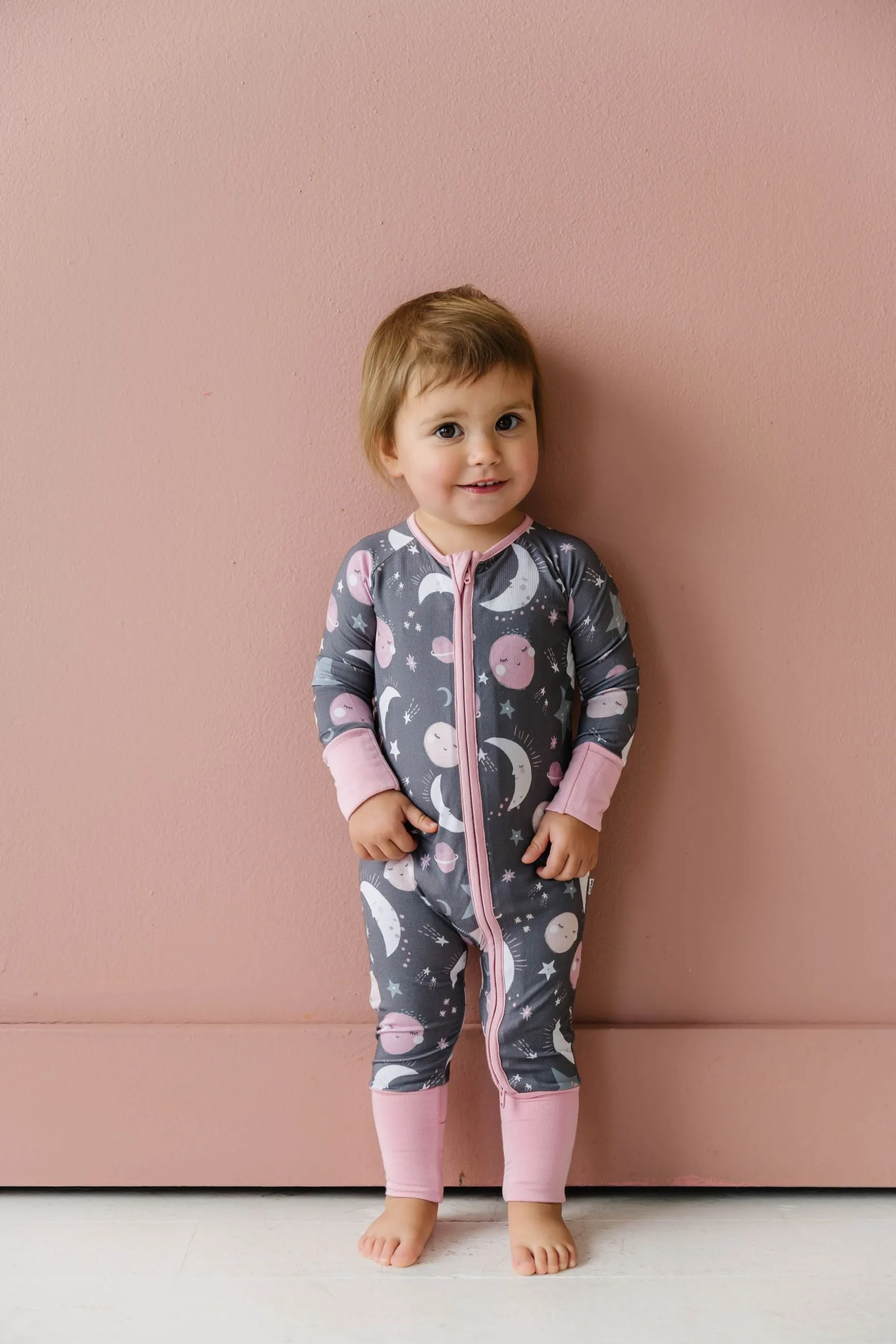 Little Sleepies To the Moon & Back Pink Convertible Romper/Sleeper