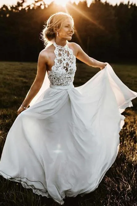 Long A-Line Halter Sleeveless Chiffon Beach Wedding Dress with Lace OHD034