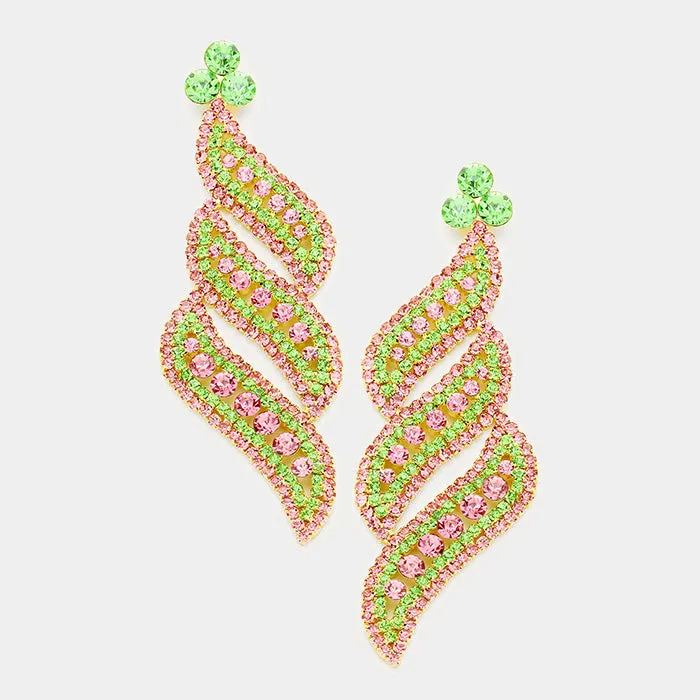 Long Pink and Green Crystal Statement Earrings | 364544