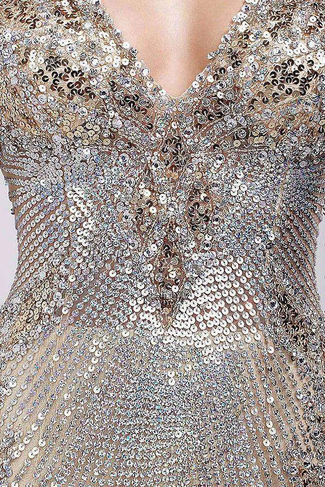 Long Sleeve V Neckline Embellished Designer Cocktail Dress Jovani 27205