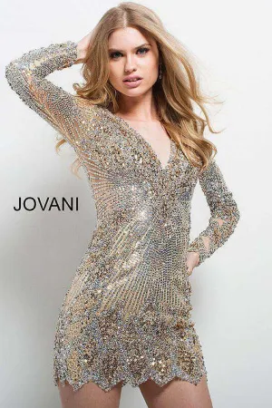 Long Sleeve V Neckline Embellished Designer Cocktail Dress Jovani 27205