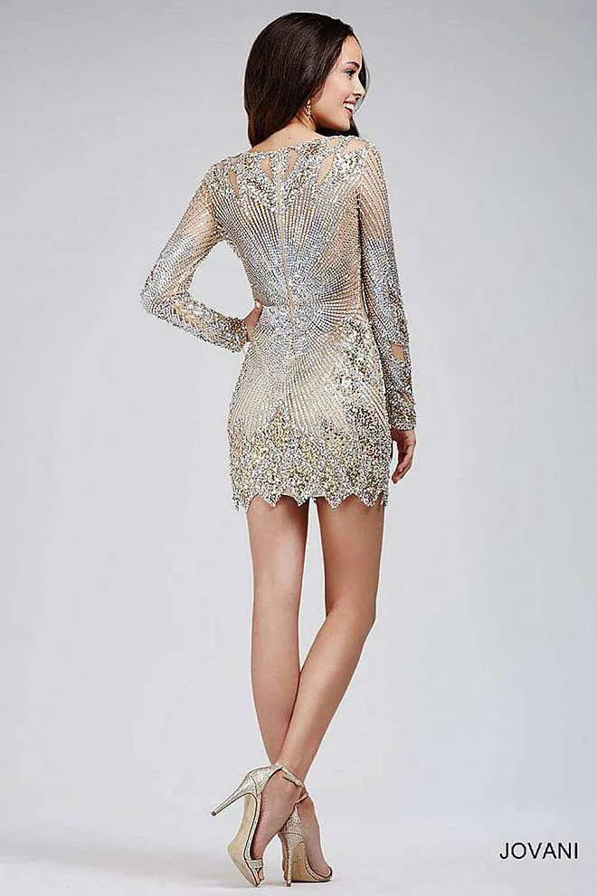 Long Sleeve V Neckline Embellished Designer Cocktail Dress Jovani 27205