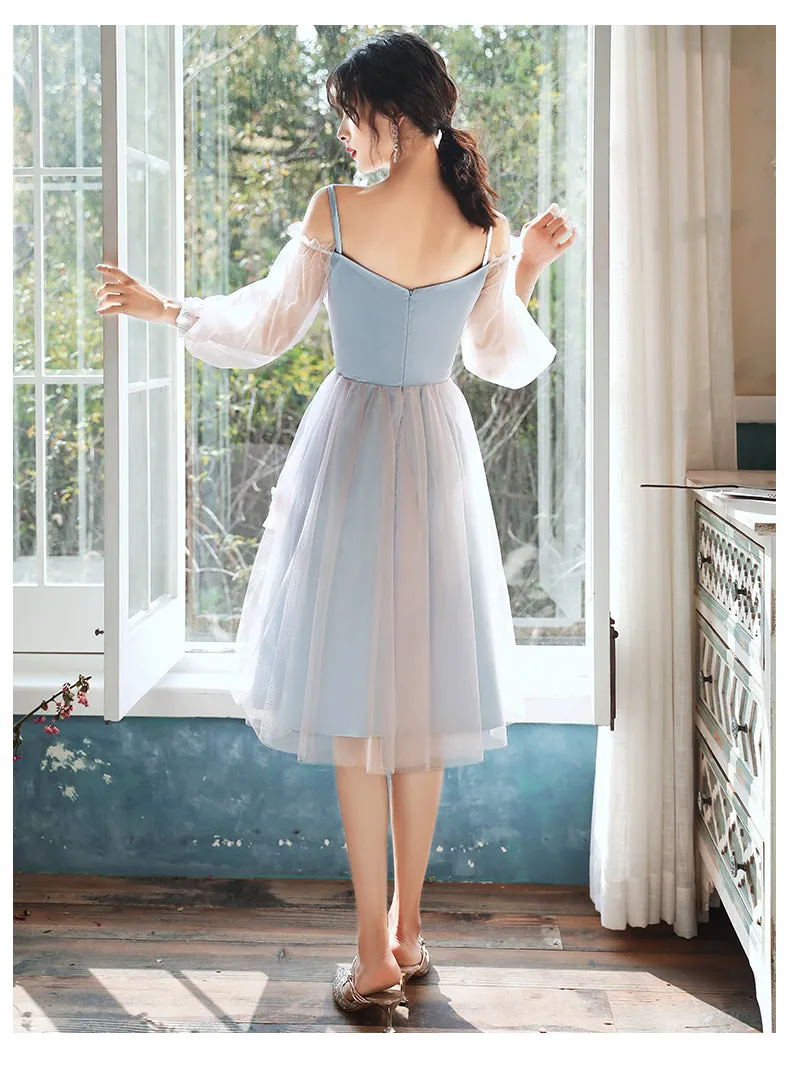 Lovely Light Blue and Pink Tea Length Graduation Dresses, Pink Short Prom Dresses