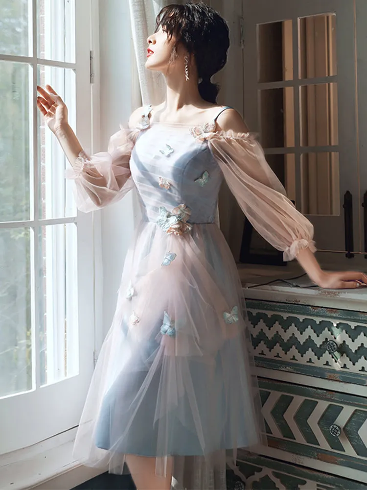 Lovely Light Blue and Pink Tea Length Graduation Dresses, Pink Short Prom Dresses