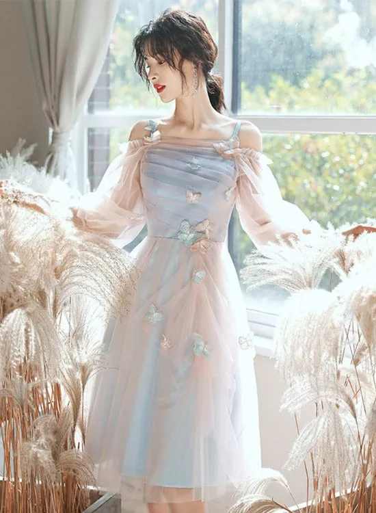 Lovely Light Blue and Pink Tea Length Graduation Dresses, Pink Short Prom Dresses