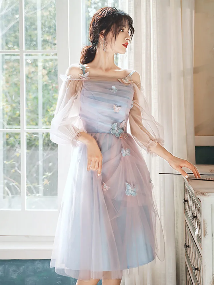 Lovely Light Blue and Pink Tea Length Graduation Dresses, Pink Short Prom Dresses