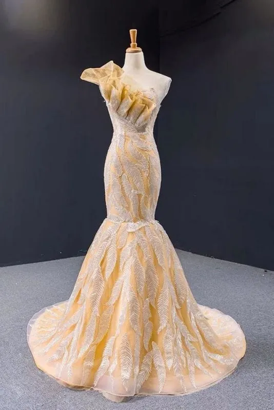 Luxurious Mermaid One Shoulder Long Prom Dress Gorgeous Yellow Evening Dresses