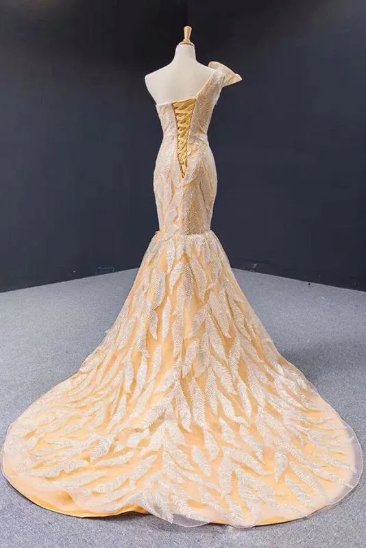 Luxurious Mermaid One Shoulder Long Prom Dress Gorgeous Yellow Evening Dresses