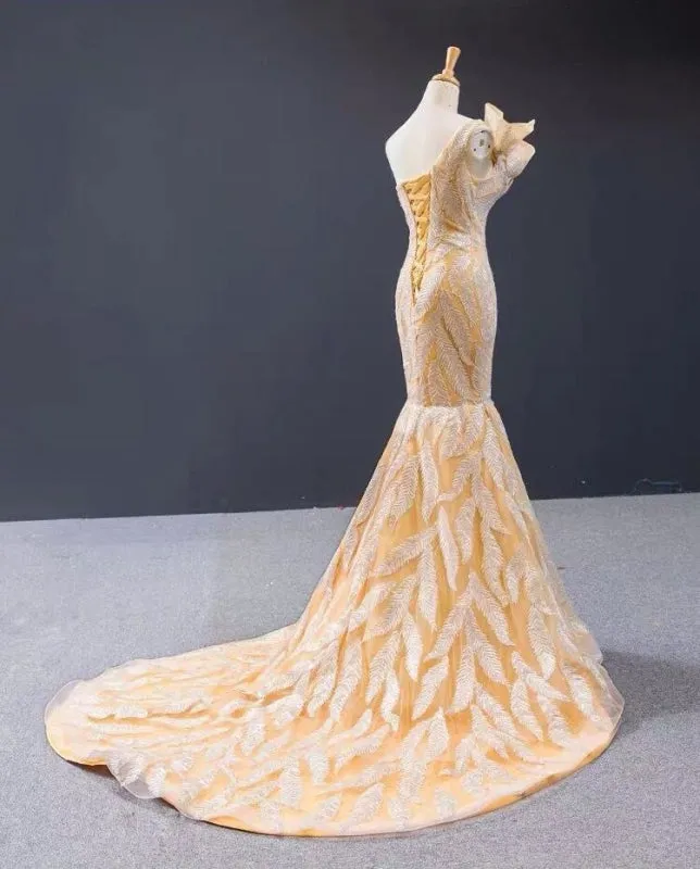 Luxurious Mermaid One Shoulder Long Prom Dress Gorgeous Yellow Evening Dresses