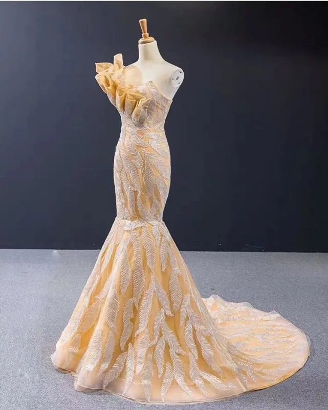 Luxurious Mermaid One Shoulder Long Prom Dress Gorgeous Yellow Evening Dresses