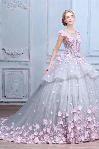 Luxury Ball Gown Scoop Neck Sweep Train Sleeveless Hand-Made Flower Long Tulle Prom Dress/Evening Dress OHC117