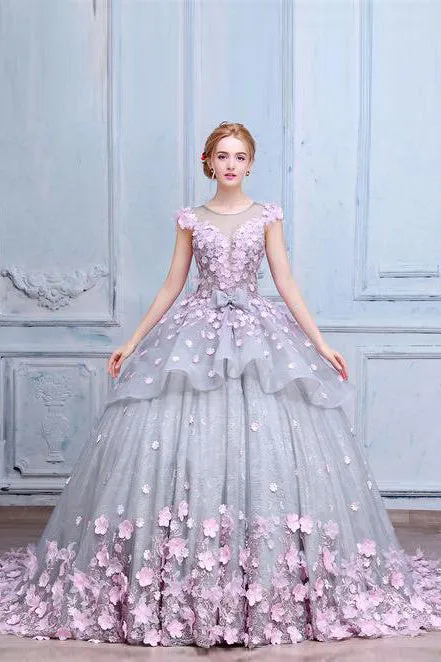 Luxury Ball Gown Scoop Neck Sweep Train Sleeveless Hand-Made Flower Long Tulle Prom Dress/Evening Dress OHC117