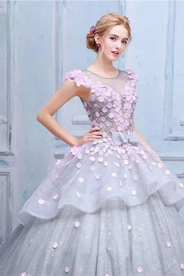 Luxury Ball Gown Scoop Neck Sweep Train Sleeveless Hand-Made Flower Long Tulle Prom Dress/Evening Dress OHC117
