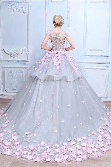 Luxury Ball Gown Scoop Neck Sweep Train Sleeveless Hand-Made Flower Long Tulle Prom Dress/Evening Dress OHC117