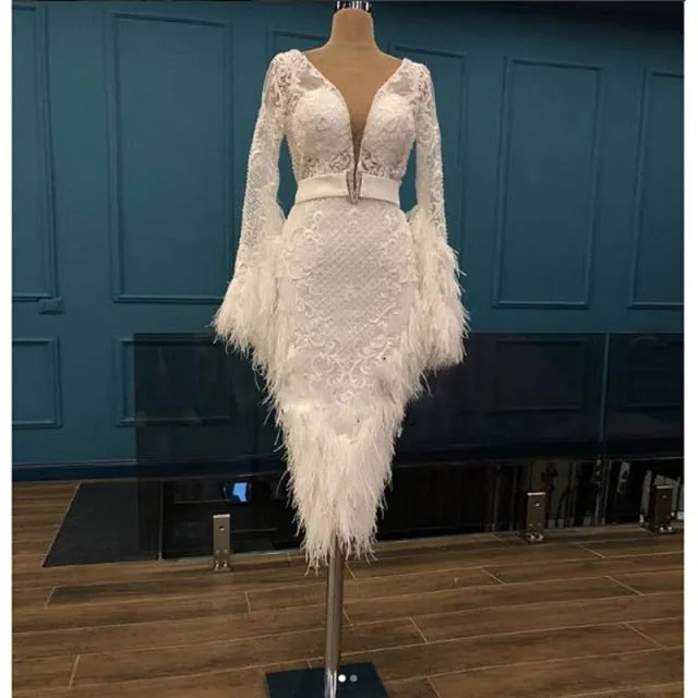 Luxury Feathers Red Short Evening Dress Mermaid Tea Length Lace