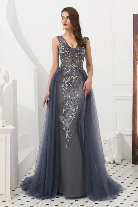 Luxury Gray V Neck Sleeveless Tulle Long Prom Dress with Beads Crystal