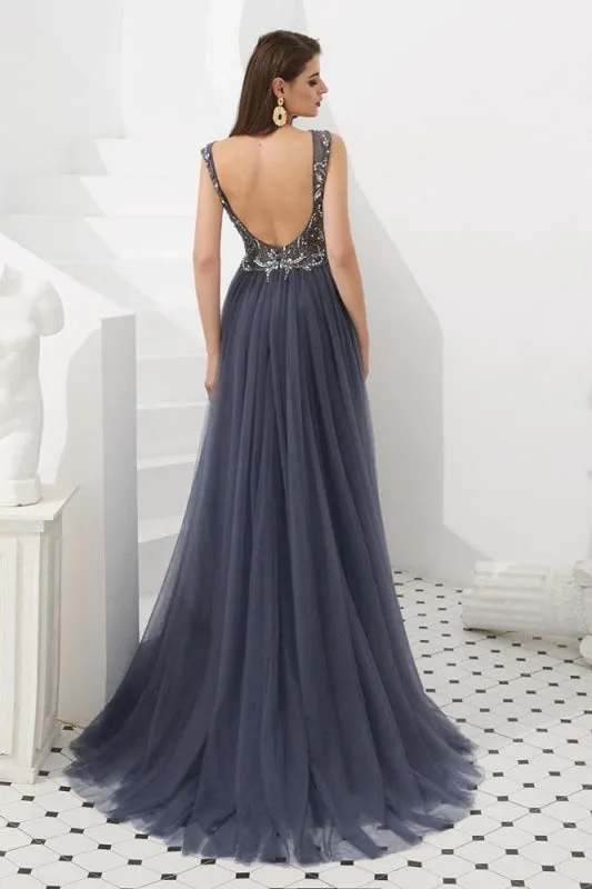 Luxury Gray V Neck Sleeveless Tulle Long Prom Dress with Beads Crystal