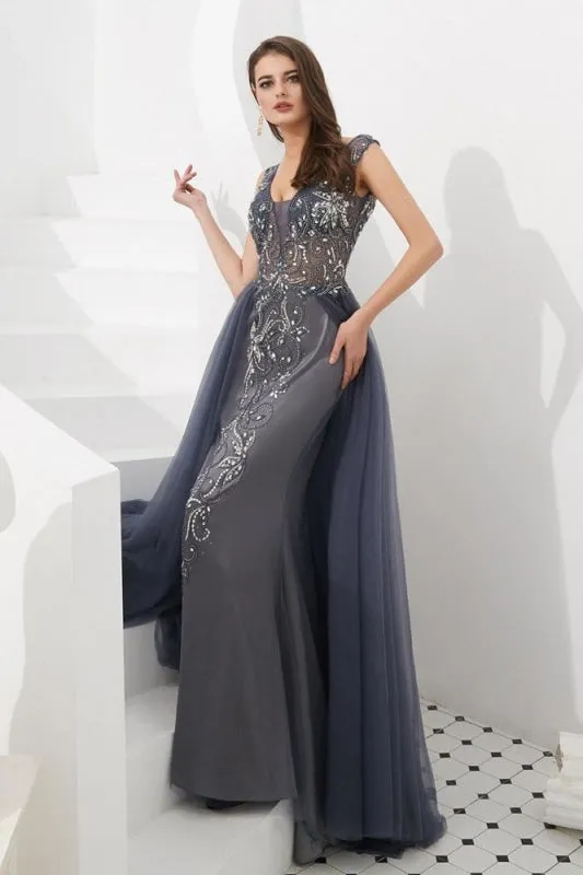 Luxury Gray V Neck Sleeveless Tulle Long Prom Dress with Beads Crystal