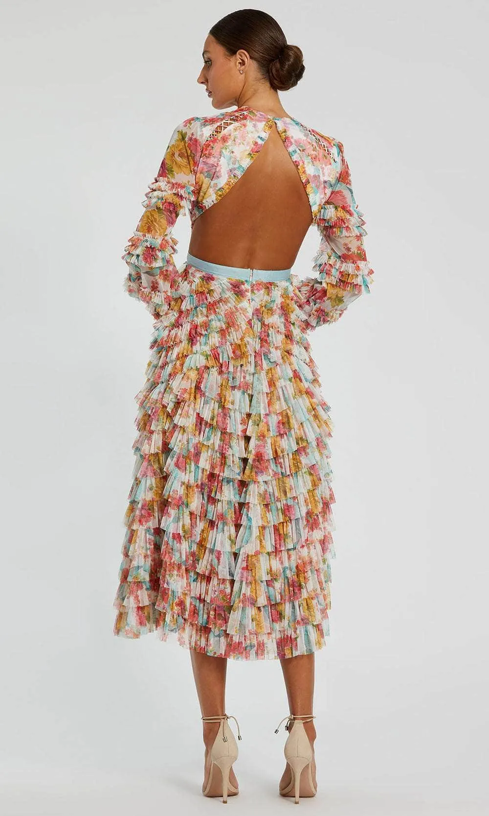 Mac Duggal 8130 - Floral Ruffled Tea-Length Dress