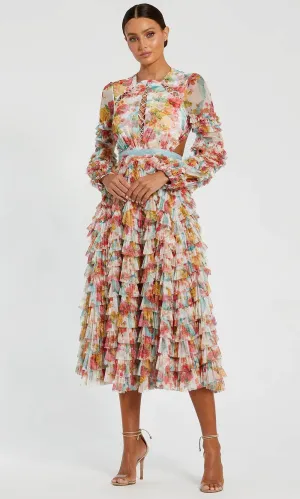 Mac Duggal 8130 - Floral Ruffled Tea-Length Dress