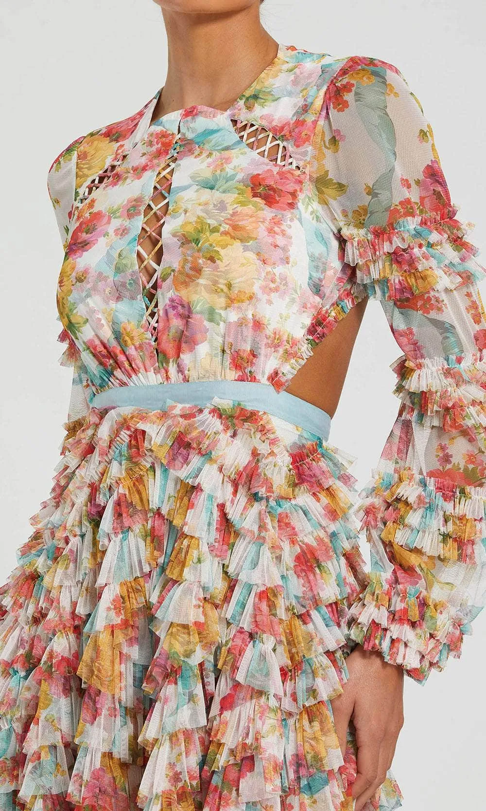 Mac Duggal 8130 - Floral Ruffled Tea-Length Dress