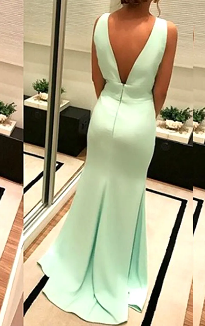 MACloth Deep V Neck Jersey Long Prom Dress Mint Formal Evening Gown