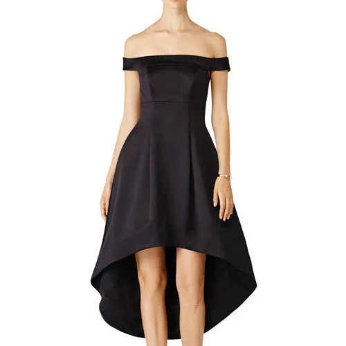 MACloth Off the Shoulder Satin Hi-Lo Prom Dress Black Cocktail Party Dress