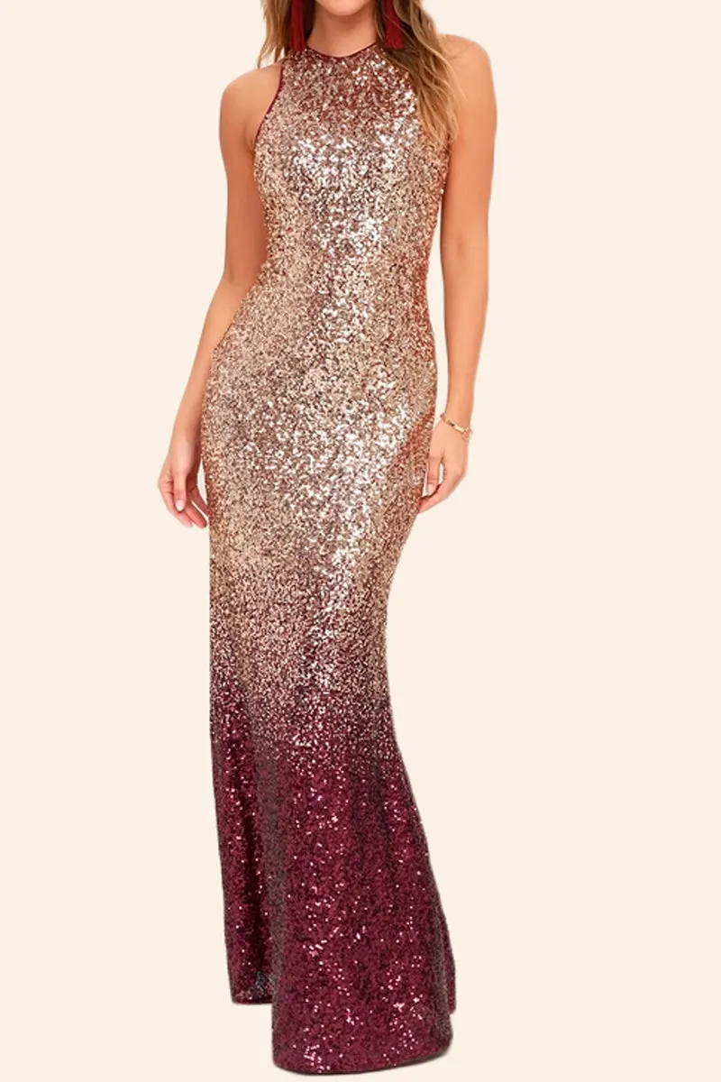 MACloth Sheath Sequin Rose Gold Burgundy Formal Evening Gown Maxi Bridesmaid Dress
