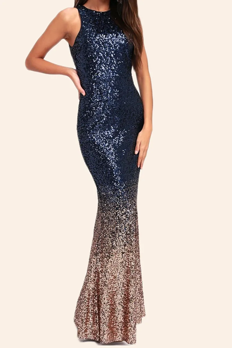 MACloth Sheath Sequin Rose Gold Burgundy Formal Evening Gown Maxi Bridesmaid Dress