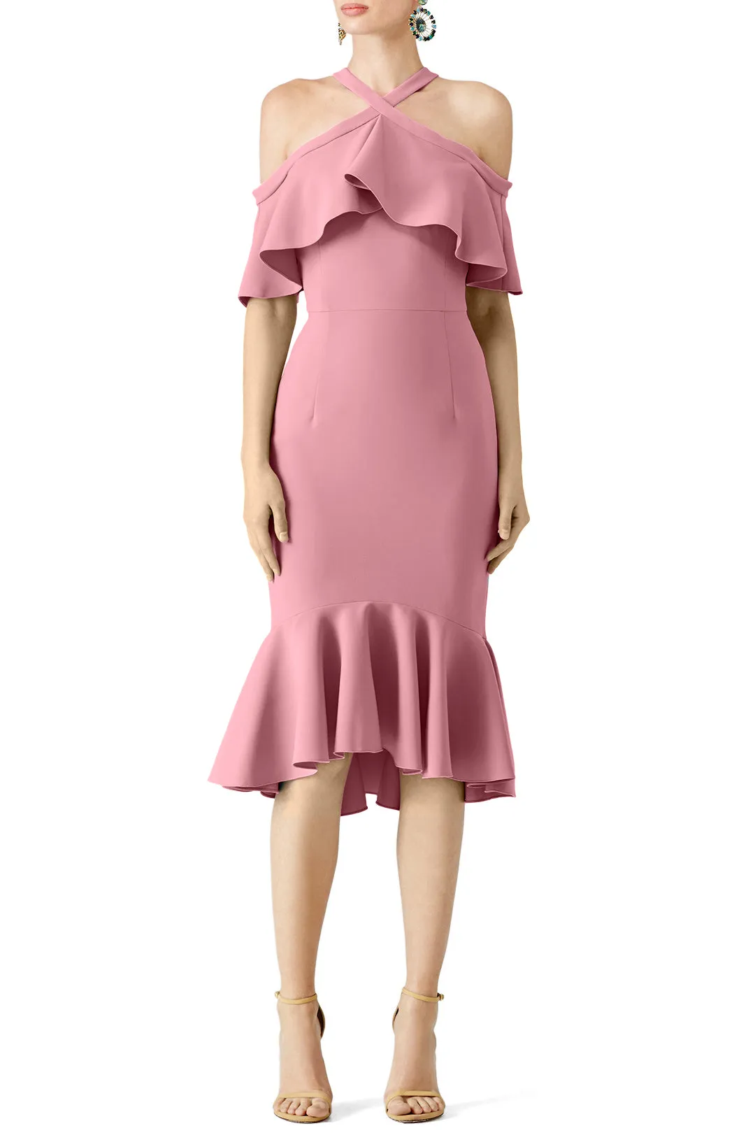 MACloth Steel Blue Cold Shoulder Ruffle Cocktail Dress Midi Wedding Party Dress