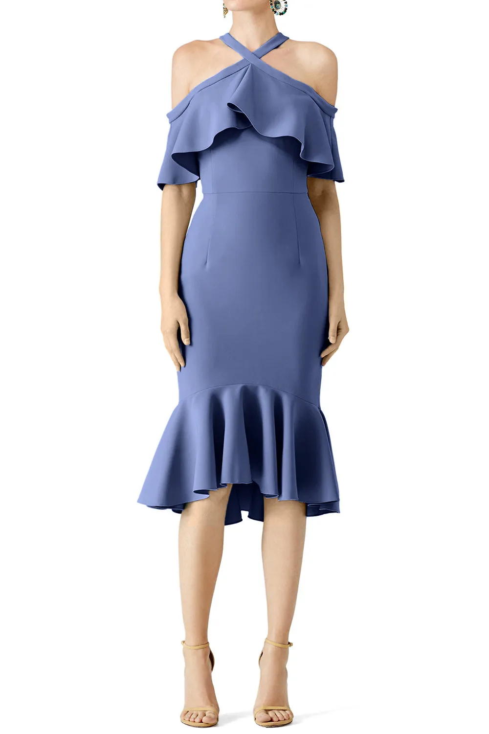 MACloth Steel Blue Cold Shoulder Ruffle Cocktail Dress Midi Wedding Party Dress