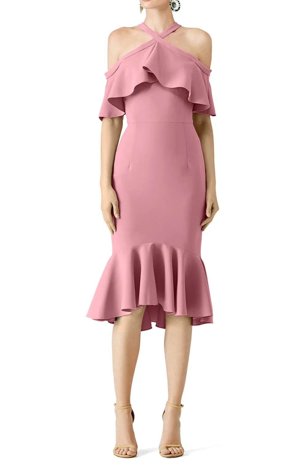 MACloth Steel Blue Cold Shoulder Ruffle Cocktail Dress Midi Wedding Party Dress