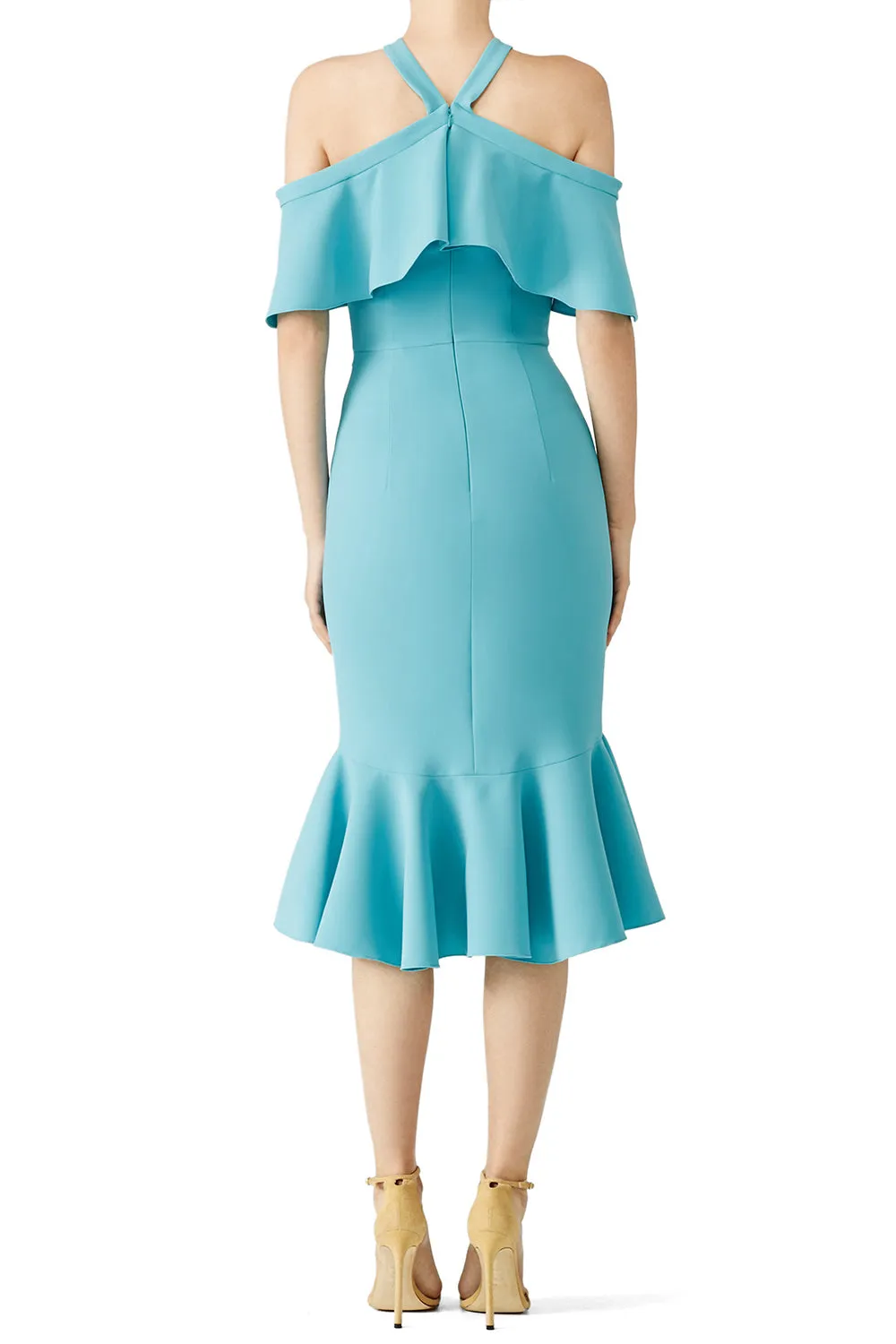 MACloth Steel Blue Cold Shoulder Ruffle Cocktail Dress Midi Wedding Party Dress