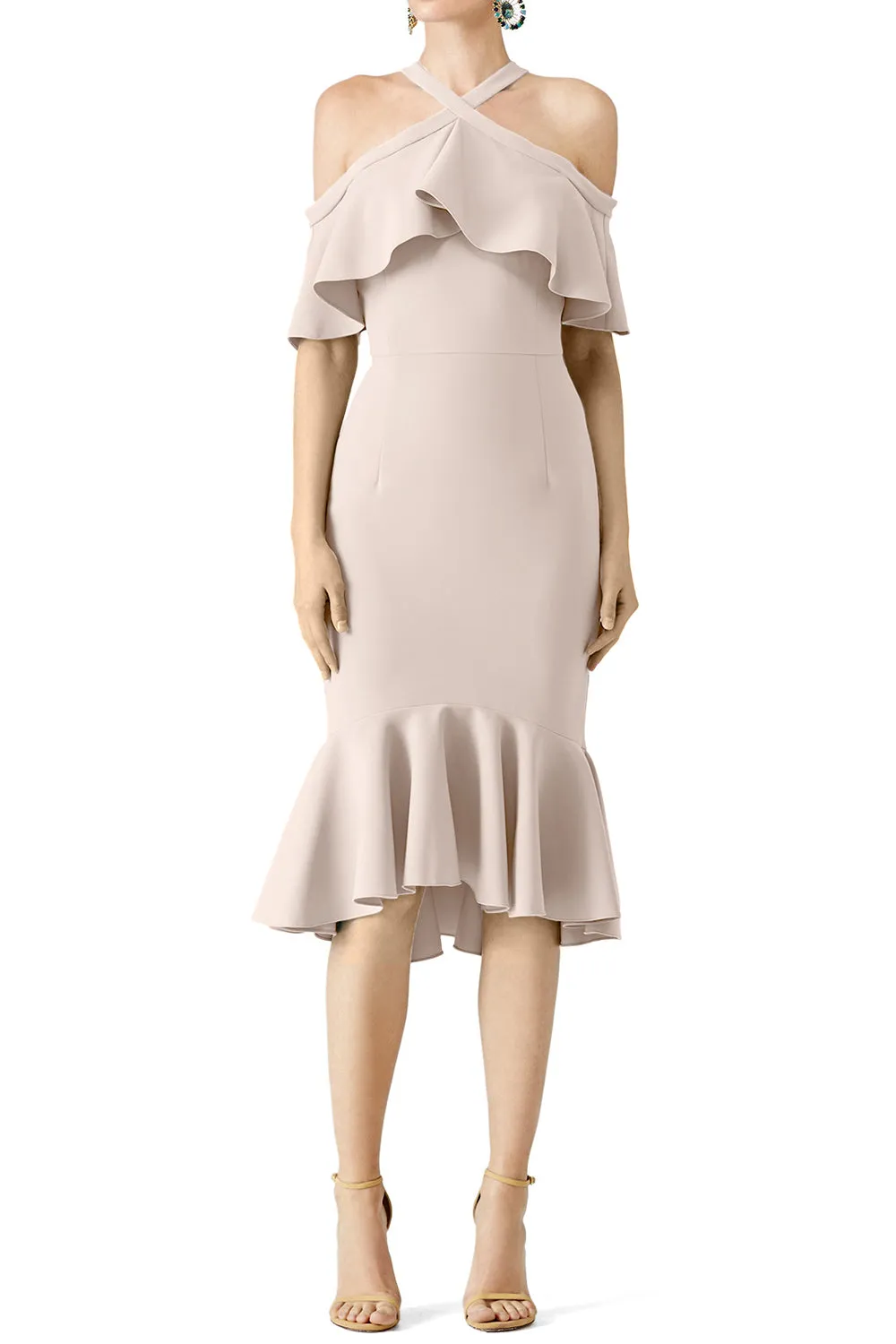 MACloth Steel Blue Cold Shoulder Ruffle Cocktail Dress Midi Wedding Party Dress