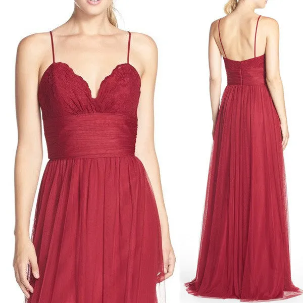MACloth Straps V Neck Lace Tulle Long Bridesmaid Dress Red Formal Gown