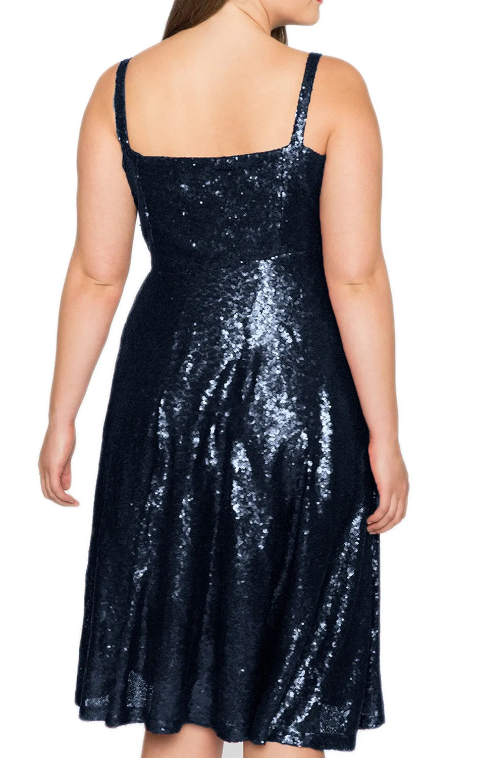 MACloth Straps V Neck Sequin Midi Cocktail Dress Plus Size Dark Navy Formal Gown