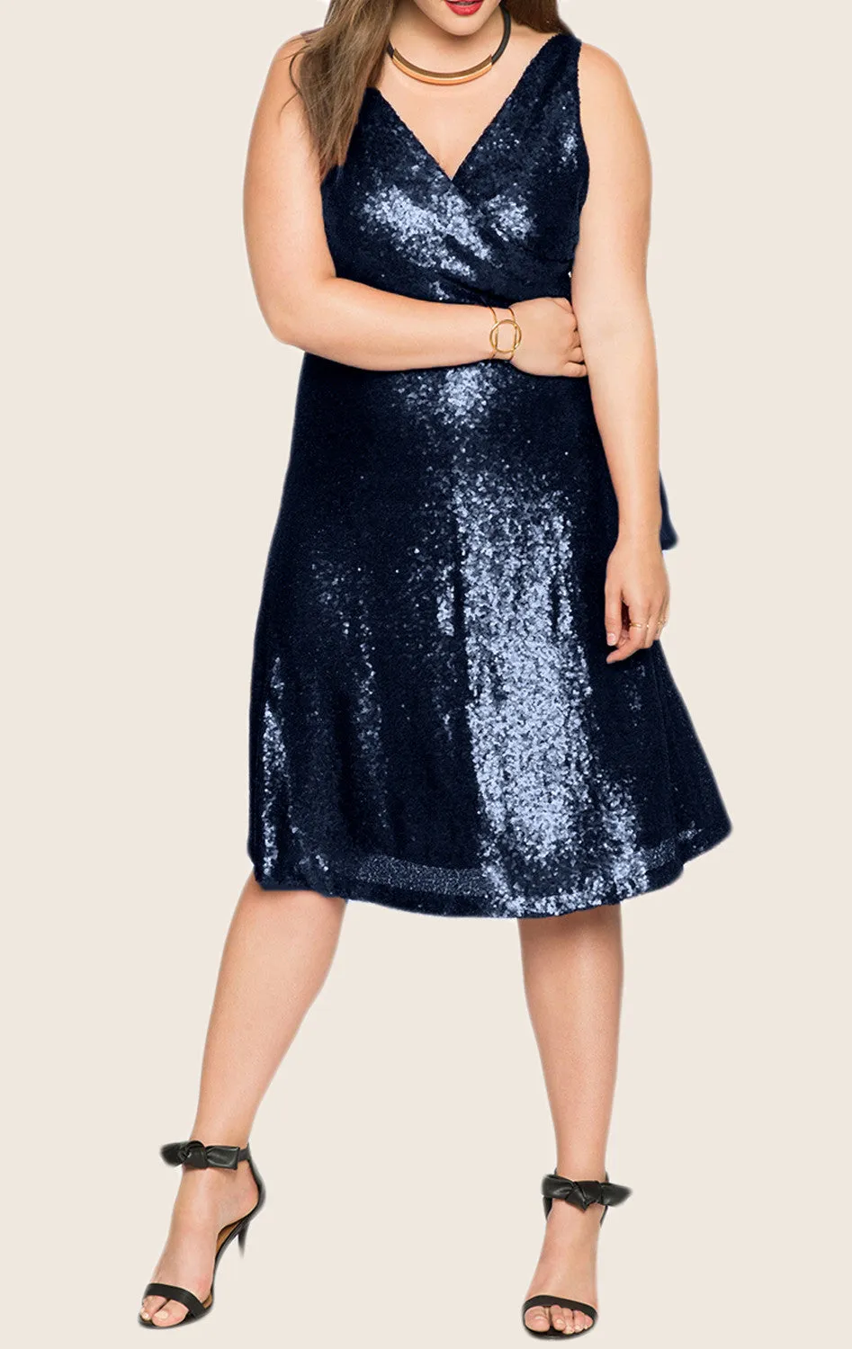 MACloth Straps V Neck Sequin Midi Cocktail Dress Plus Size Dark Navy Formal Gown