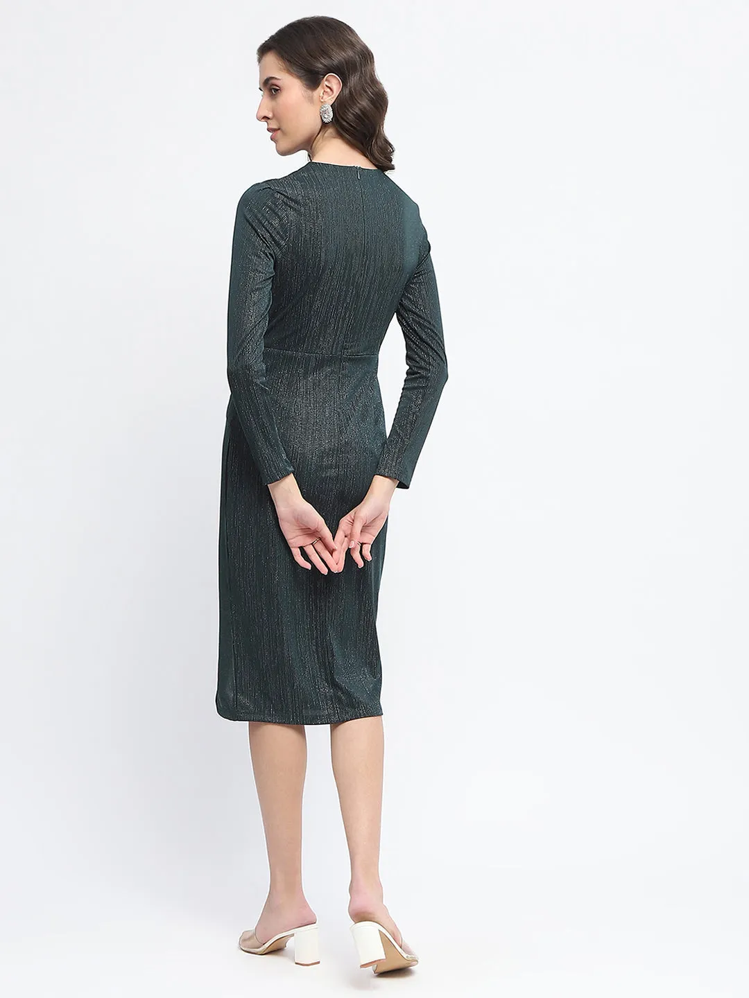 Madame Buckle Detailed Shimmery Bottle Green Rib Knit Bodycon Dress