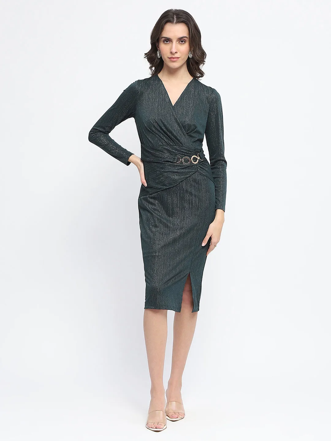 Madame Buckle Detailed Shimmery Bottle Green Rib Knit Bodycon Dress