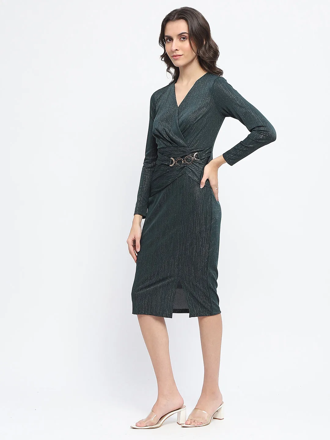 Madame Buckle Detailed Shimmery Bottle Green Rib Knit Bodycon Dress