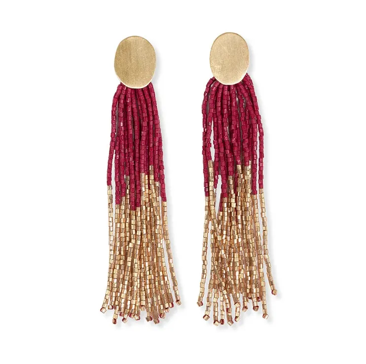 Mae Oval Brass Post 2-Color Beaded Tassel Earrings Red