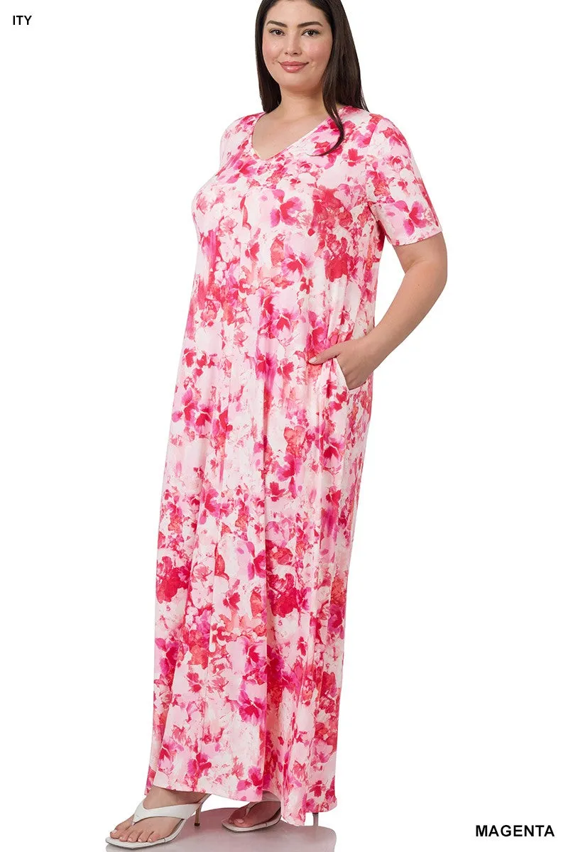 Magenta V Neck Short Sleeve Maxi Zenana Dress 4/19/23 6048