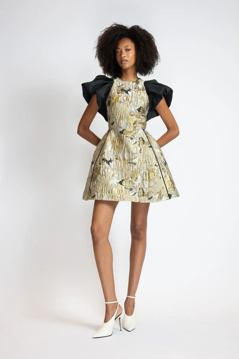Marble Jacquard Mini Dress With Black Faille Winged Shoulders