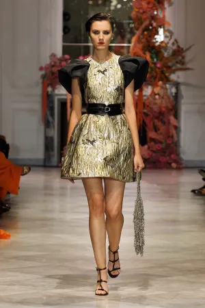 Marble Jacquard Mini Dress With Black Faille Winged Shoulders