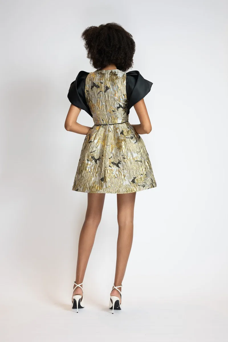 Marble Jacquard Mini Dress With Black Faille Winged Shoulders