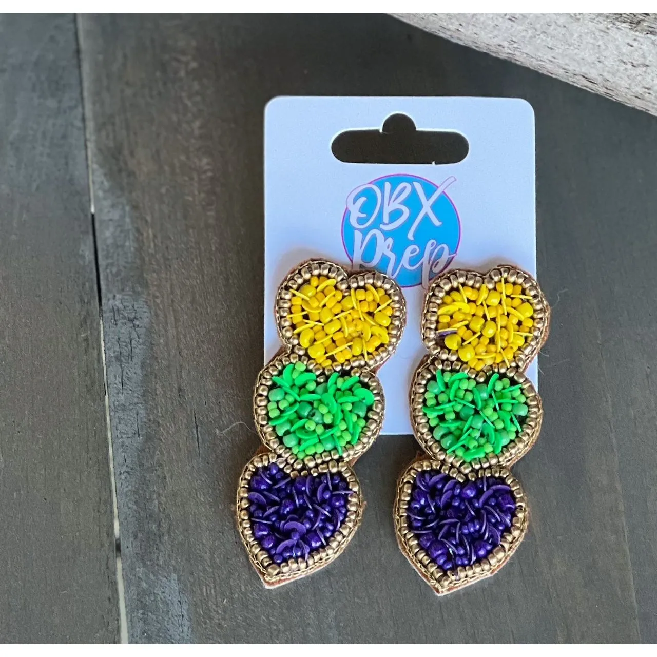 Mardi Gras Triple Hearts Seed Beaded Dangle Earring