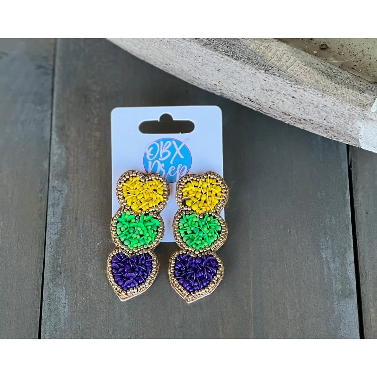 Mardi Gras Triple Hearts Seed Beaded Dangle Earring